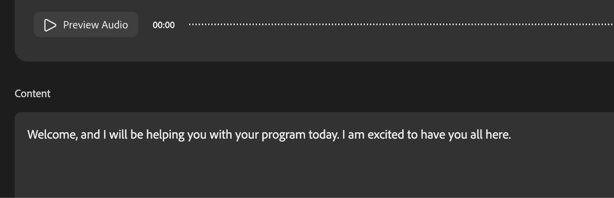 En la sección Contenido, el idioma elegido es el inglés. Se ha añadido un párrafo como script de diálogo para el avatar.