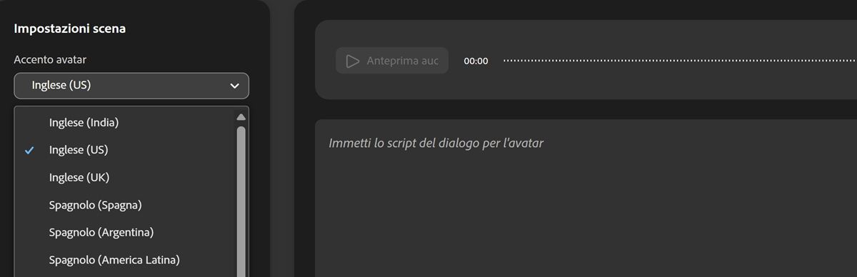 Il menu a discesa Accento avatar è aperto ed è possibile scegliere da un elenco di accenti.