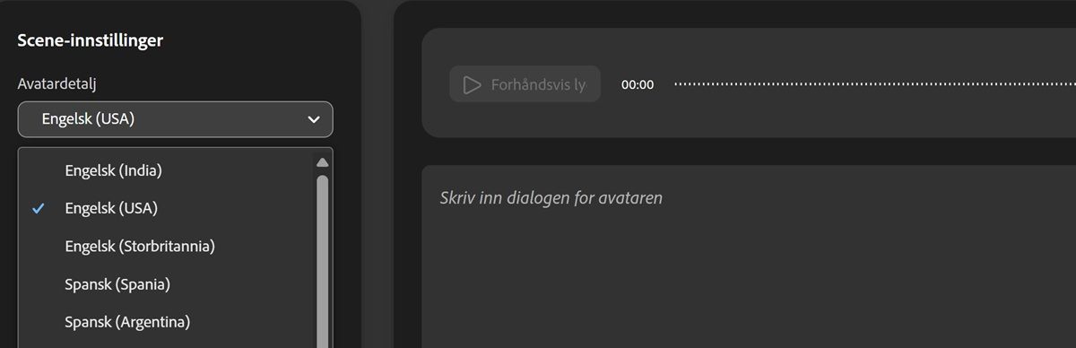 Rullegardinmenyen Avatar-aksent er åpen, og det vises en liste med aksenter å velge blant.
