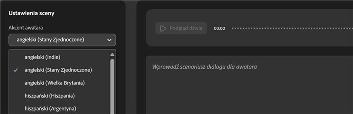 Menu rozwijane akcentu awatara jest otwarte i dostępna jest lista akcentów do wyboru.
