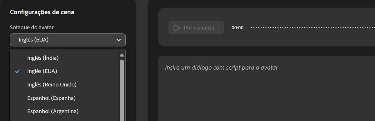 O menu suspenso Sotaque do avatar está aberto e há uma lista de sotaques para escolher.