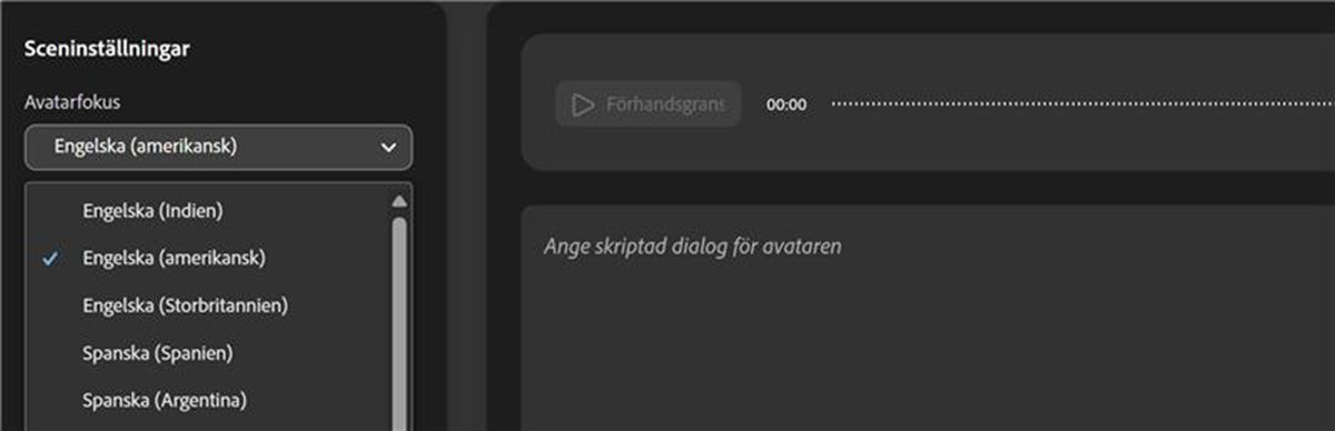 Listrutan Avataraccent är öppen och det finns en lista med accenter att välja mellan.