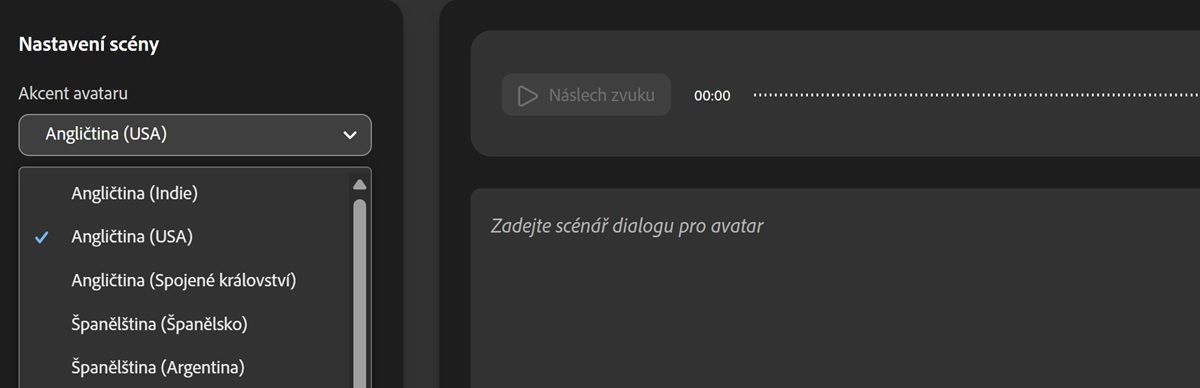 Otevřená rozbalovací nabídka Přízvuk avataru se seznamem dostupných přízvuků.