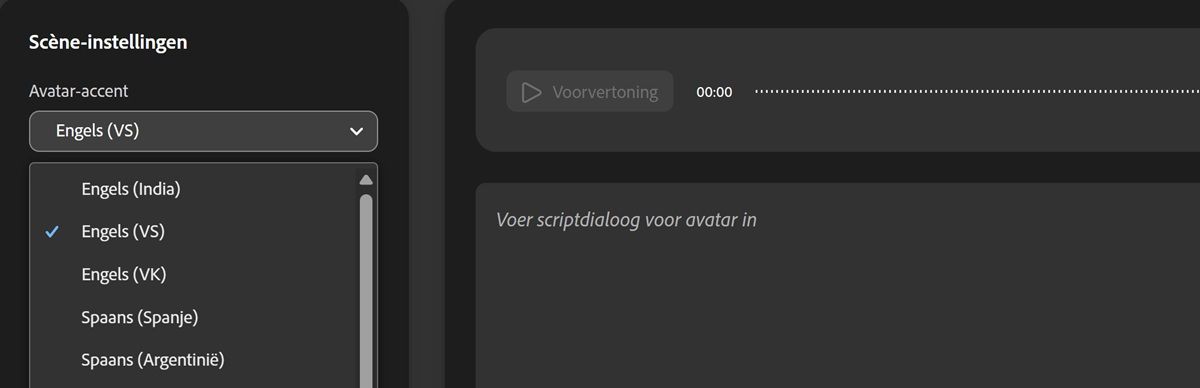 Het vervolgkeuzemenu voor avatar-accent is geopend en je kunt uit een lijst van accenten kiezen.