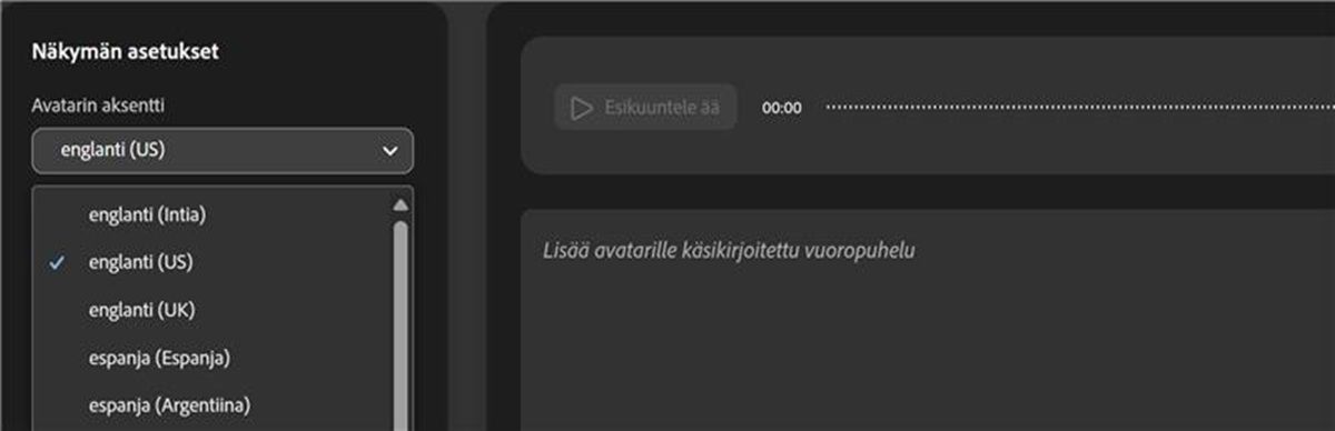 Avatarin aksenttivalikko on avattuna, ja valittavat aksentit ovat näkyvissä.