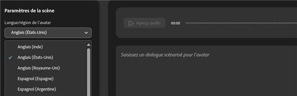 Le menu déroulant Langue/région de l’avatar est ouvert et une liste de langues est affichée avec les régions éventuelles.