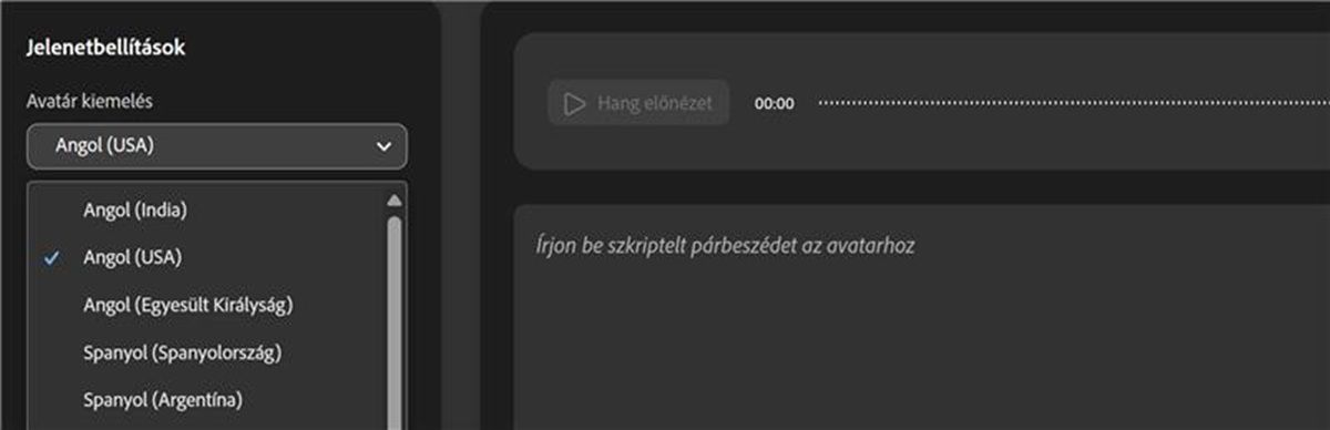 Az Avatár akcentus legördülő menü nyitva van, és a választható akcentusok listája látható.