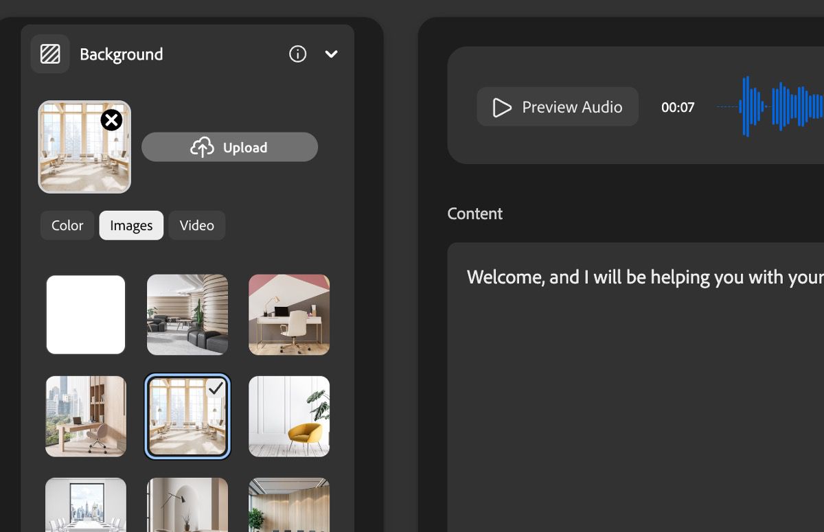 Under the Background section, there are three options to choose from - Color, Image, and Video.