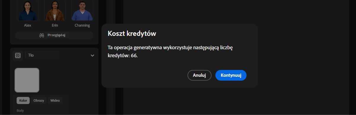 Monit kredytowy pokazuje liczbę kredytów generacyjnych, które zostaną wykorzystane przez daną generację. Masz możliwość kontynuowania generowania lub anulowania.