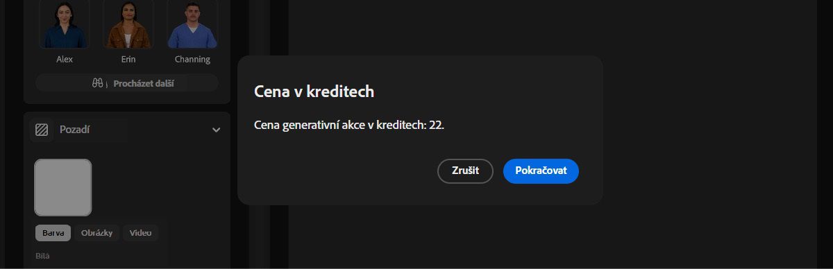 Zobrazí se výzva s počtem generativních kreditů, které generace použije. Máte možnost pokračovat v generování nebo akci zrušit.