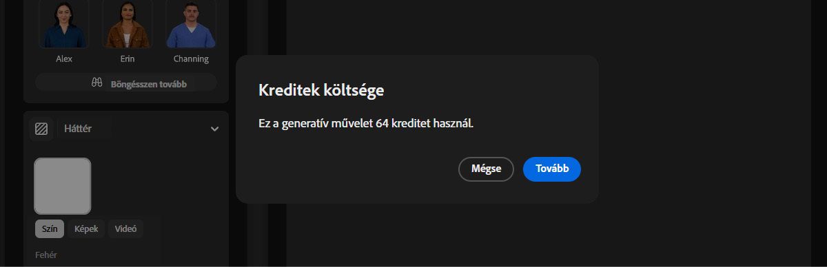 A Kreditstat üzenet azt mutatja, hogy a létrehozás hány generatív kreditet fog felhasználni. Folytathatja a létrehozást, vagy megszakíthatja a műveletet.