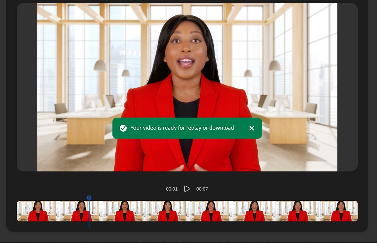 The generated video is ready for review, replay, and download. The timeline is also visible, allowing you to scrub through and review the video.