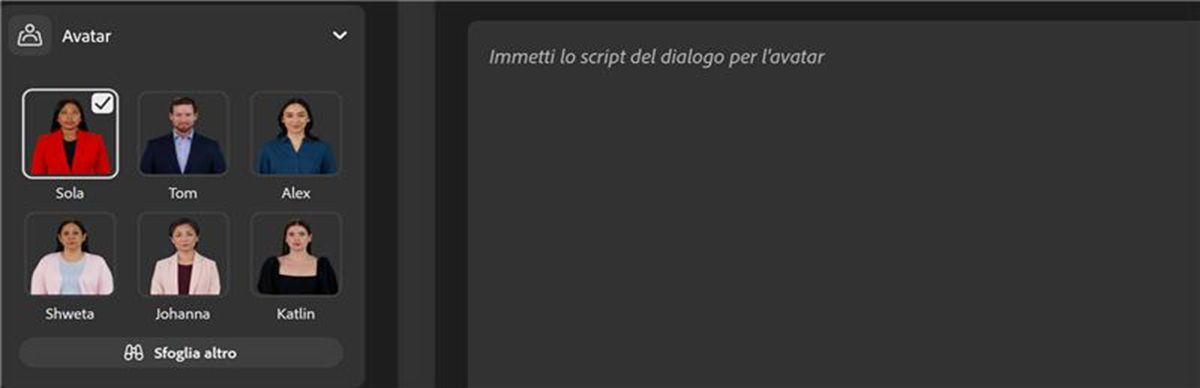 È selezionato un avatar tra quelli disponibili ed è selezionata l'icona Riproduci per visualizzare in anteprima l'avatar con la voce.