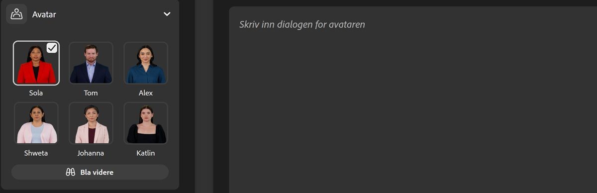 Det er valgt en avatar blant de tilgjengelige, og avspillingsikonet er valgt for å forhåndsvise avataren med stemmen.