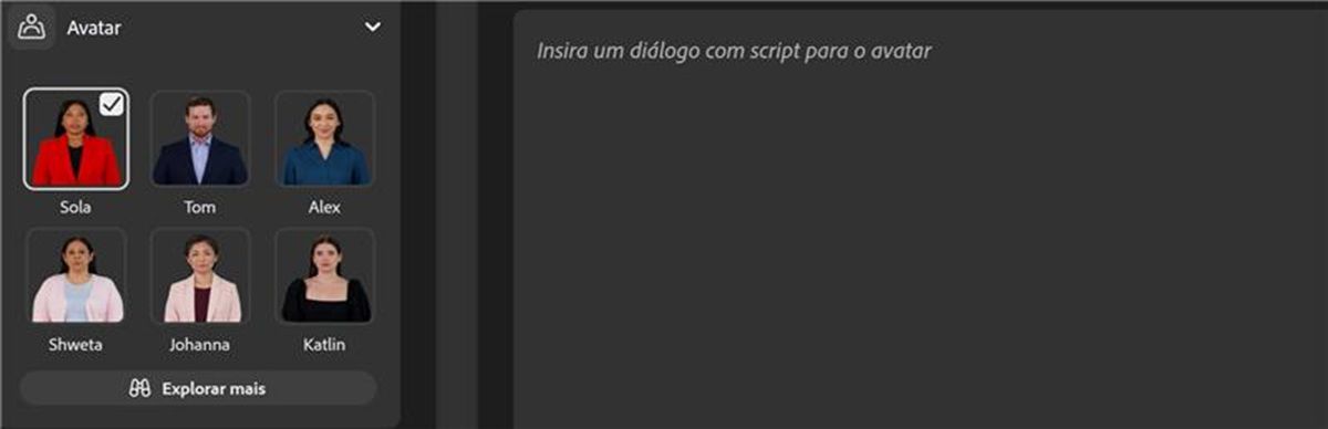 Um avatar é selecionado entre os disponíveis e o ícone de reprodução é selecionado para pré-visualizar o avatar com a voz.