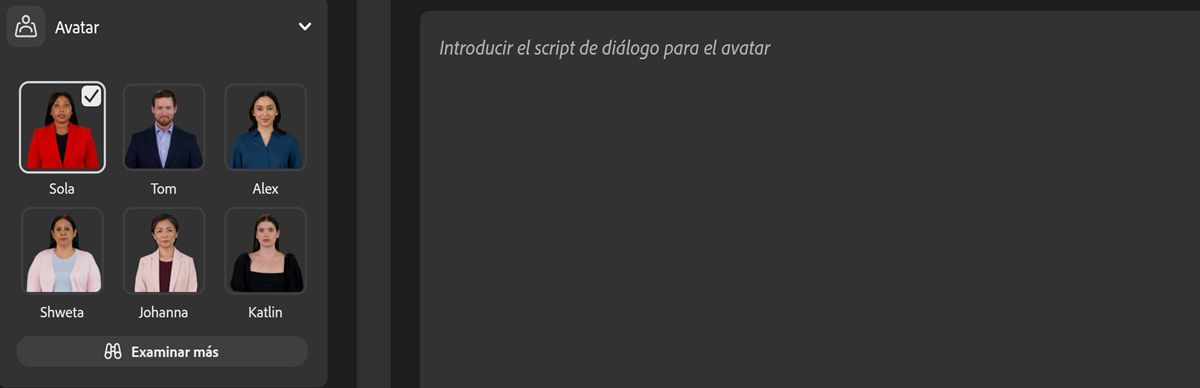 Se elije un avatar de entre los disponibles y se selecciona el icono Reproducir para previsualizar el avatar con la voz.