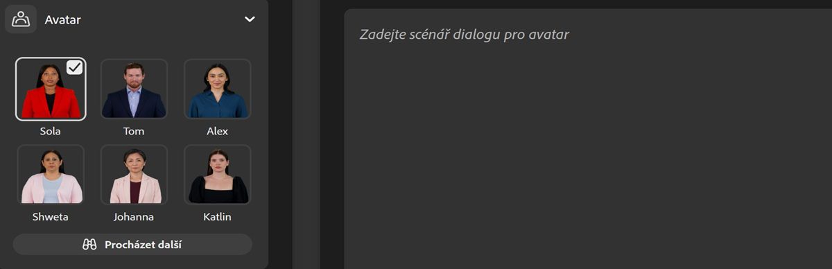 Avatar je vybrán z dostupných možností a ikona Přehrát je vybrána pro spuštění ukázky hlasu avatara.