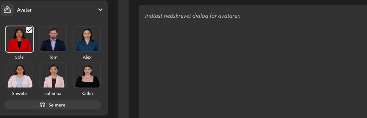 En avatar vælges blandt de tilgængelige, og ikonet Afspil vælges for at få vist avataren med stemmen.