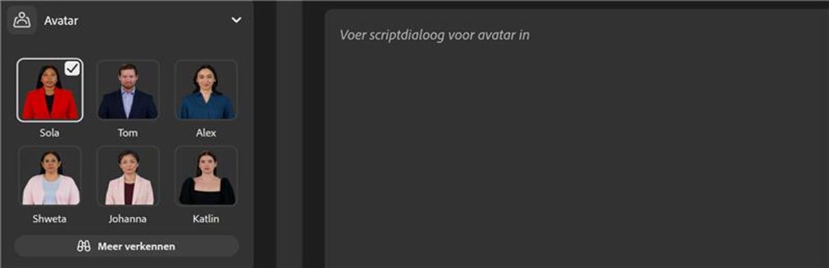 Er wordt een avatar geselecteerd uit de beschikbare avatars en het pictogram Afspelen is geselecteerd om een voorbeeld van de avatar met stem te bekijken.