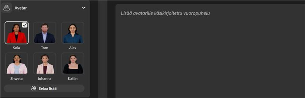 Avatar on valittu luettelosta, ja Toista-kuvake on valittuna avatarin esikatselua ja puheen kuuntelua varten.