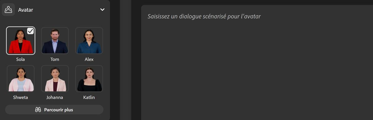 Un avatar est sélectionné parmi les avatars disponibles et l’icône Lecture est sélectionnée pour afficher un aperçu de l’avatar avec la voix.