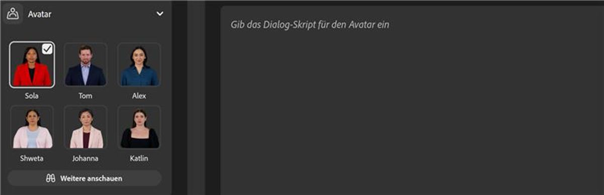 Unter den verfügbaren Avataren ist einer ausgewählt. Das Symbol „Wiedergabe“ ist ausgewählt, um eine Vorschau des Avatars mit Stimmprobe abzuspielen.