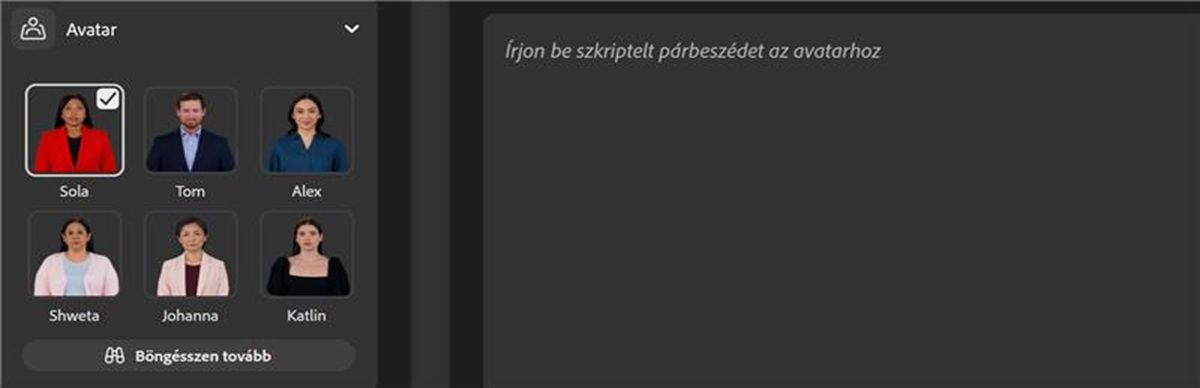 A rendelkezésre álló avatárok közül ki van választva egy, és a Lejátszás ikon ki van választva, hogy megtekintsük az avatárt a hanggal együtt.