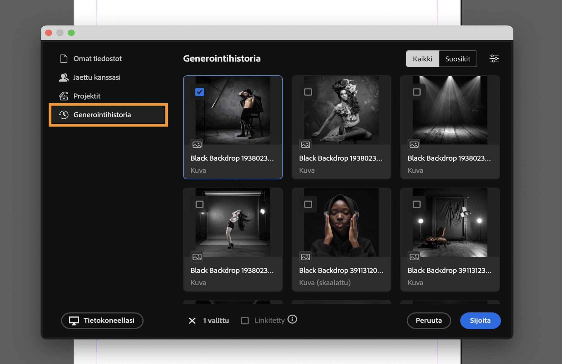 Valitse resurssi generointihistoriasta