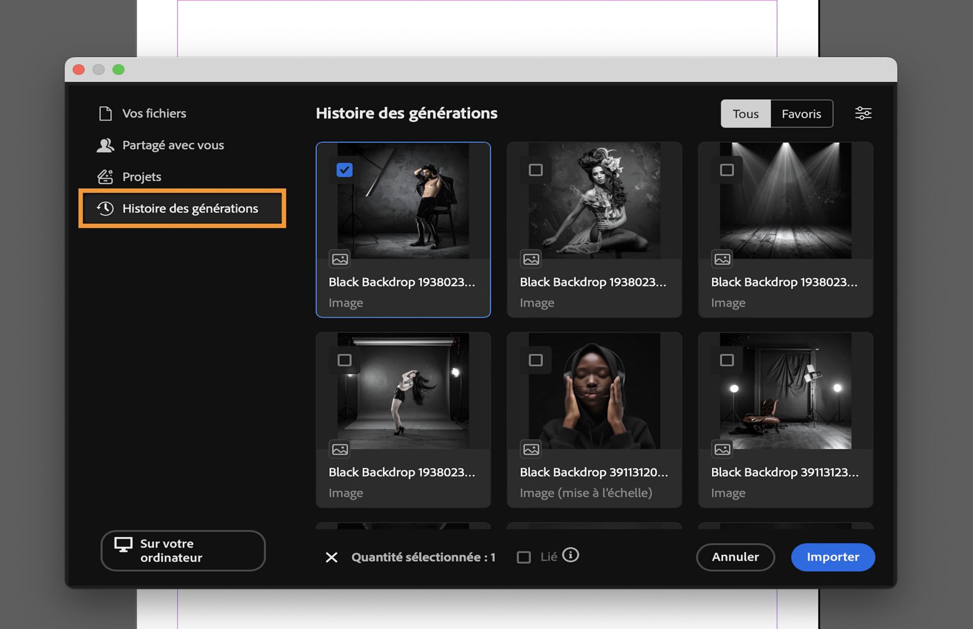 Sélectionnez une ressource dans l’historique des générations