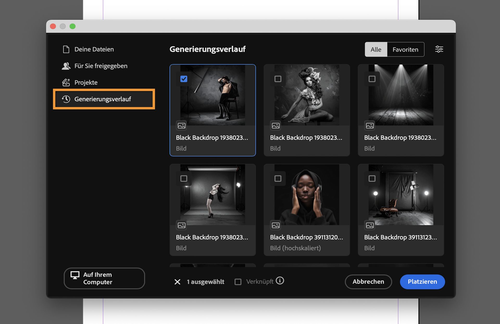 Wähle ein Asset aus dem Generierungsverlauf aus