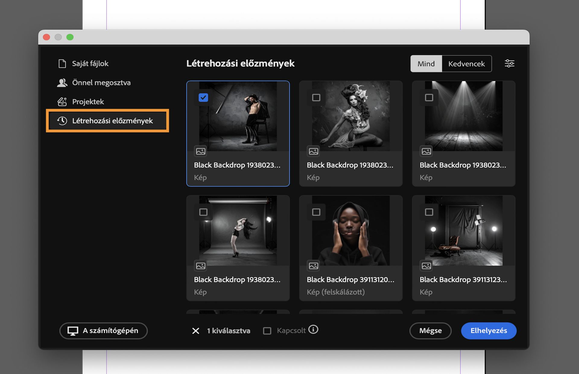 Válasszon ki egy kelléket a létrehozási előzményekből