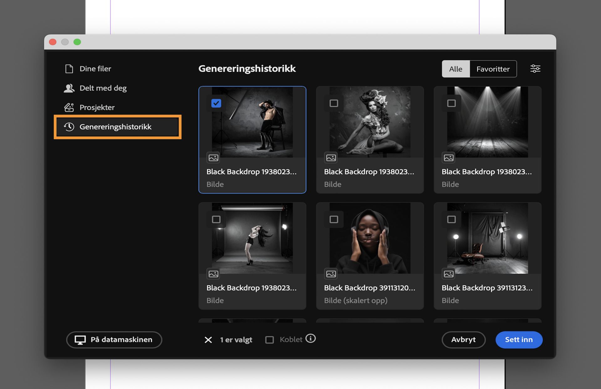 Velg et element fra Genereringshistorikken