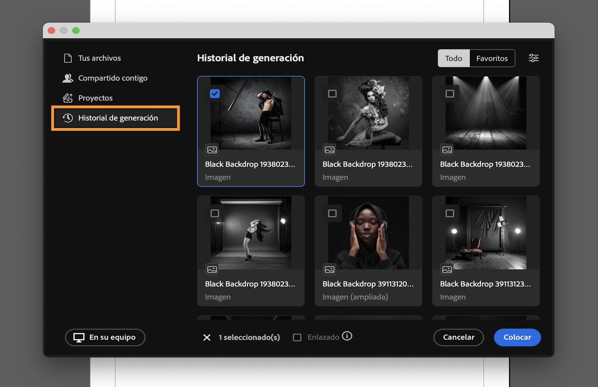 Selecciona un activo del Historial de generación