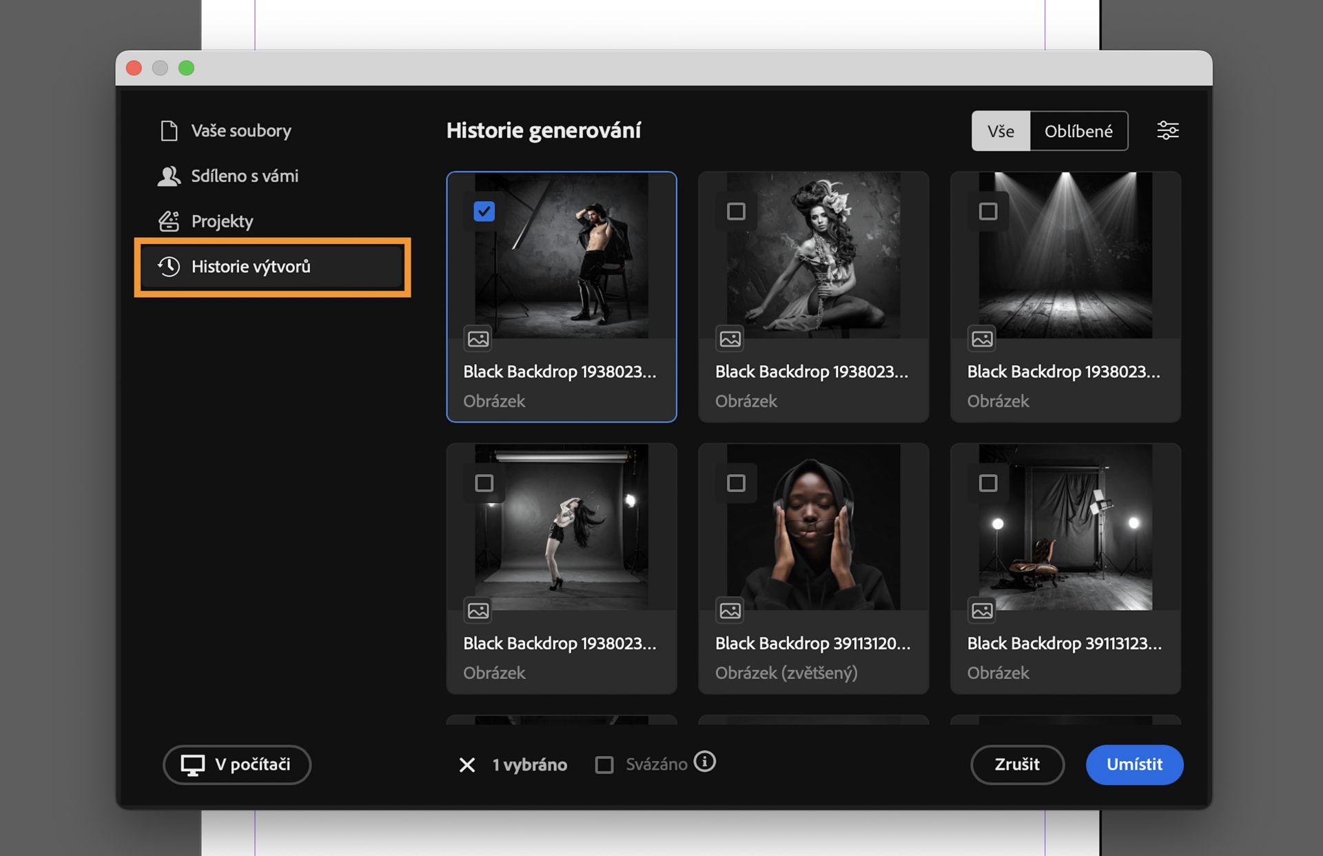 Vyberte položku z Historie generování