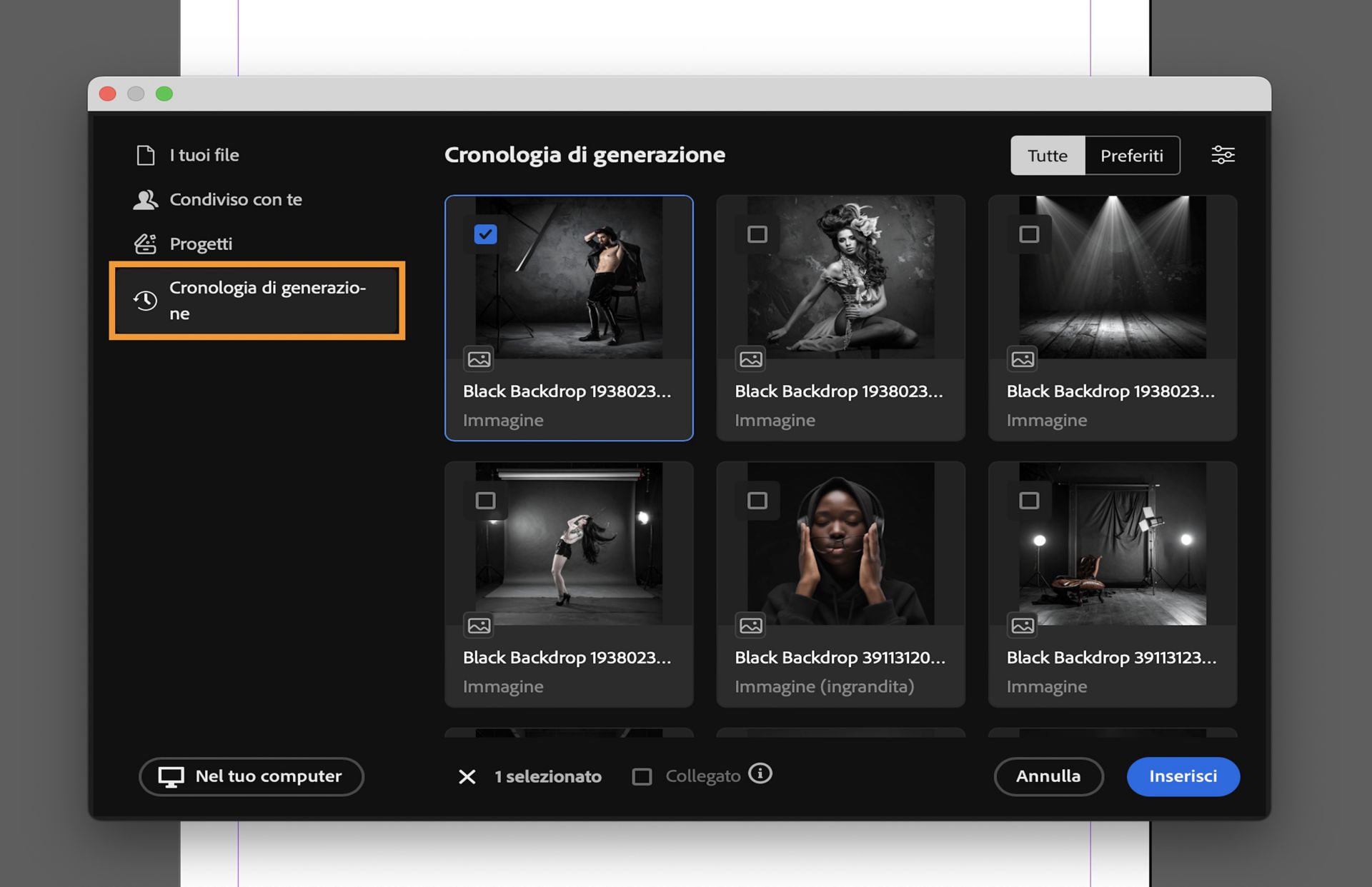 Selezionare una risorsa dalla Cronologia generazione