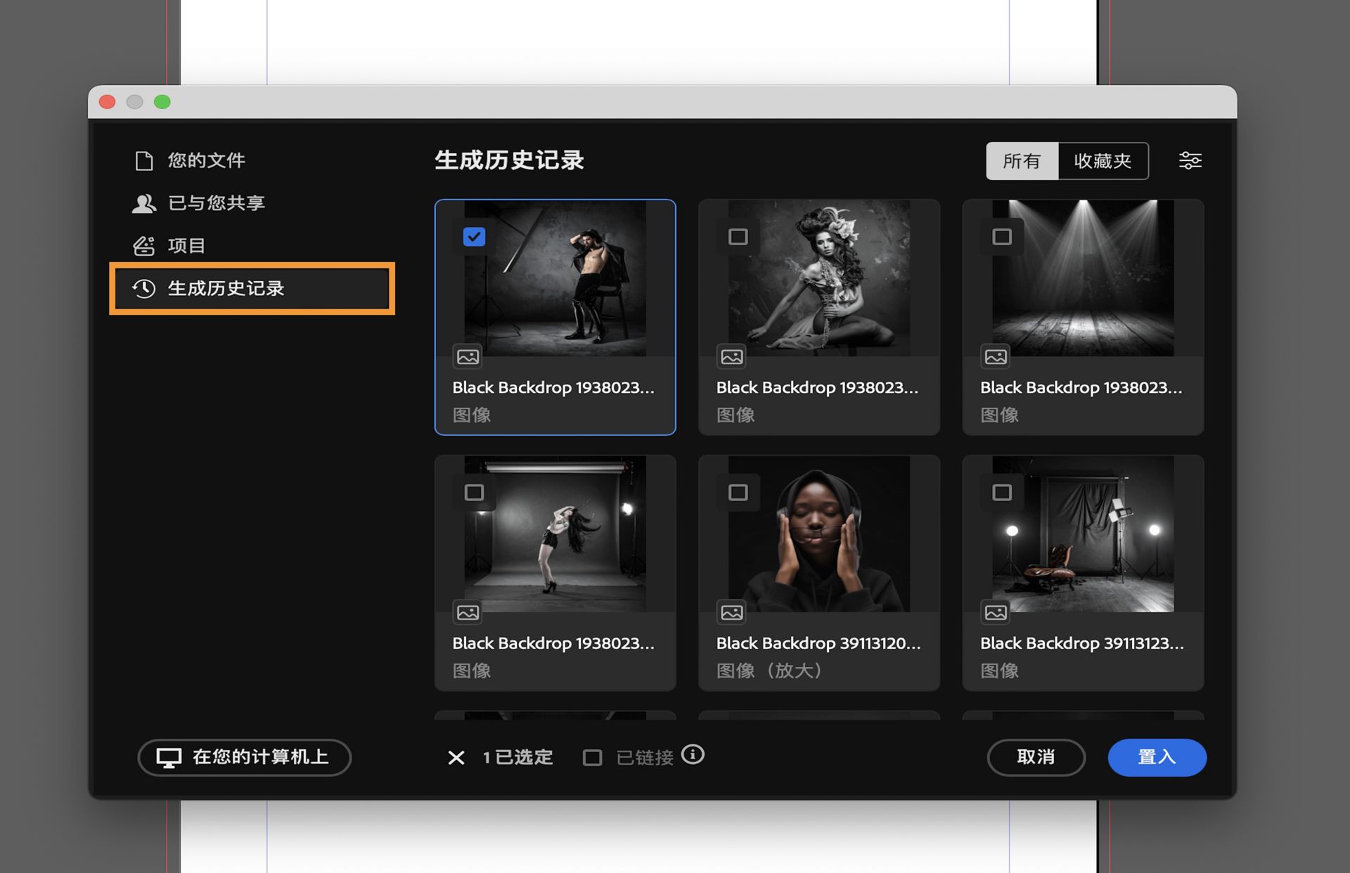 从生成历史记录中选择一个资产