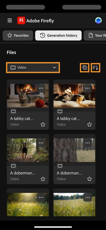 Files screen displays the Generation history tab with highlights on the filter dropdown. multi-select, and the sort option.