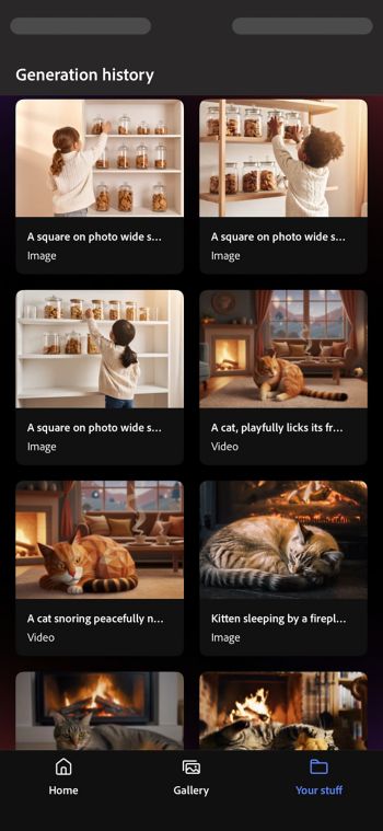 A tela Seus itens no Firefly exibe o histórico de geração com todas as suas imagens e vídeos gerados anteriormente em um só lugar.