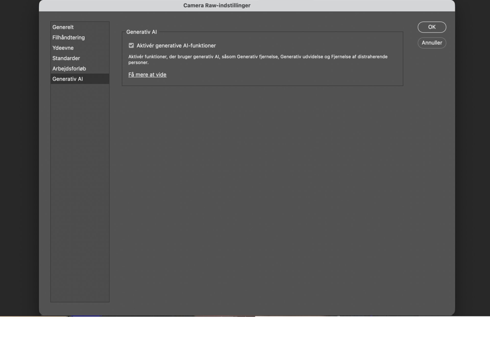 Dialogboksen Camera Raw-indstillinger med afsnittet Generativ AI valgt, som viser indstillingen Aktivér generative AI-funktioner til AI-drevne redigeringsværktøjer.