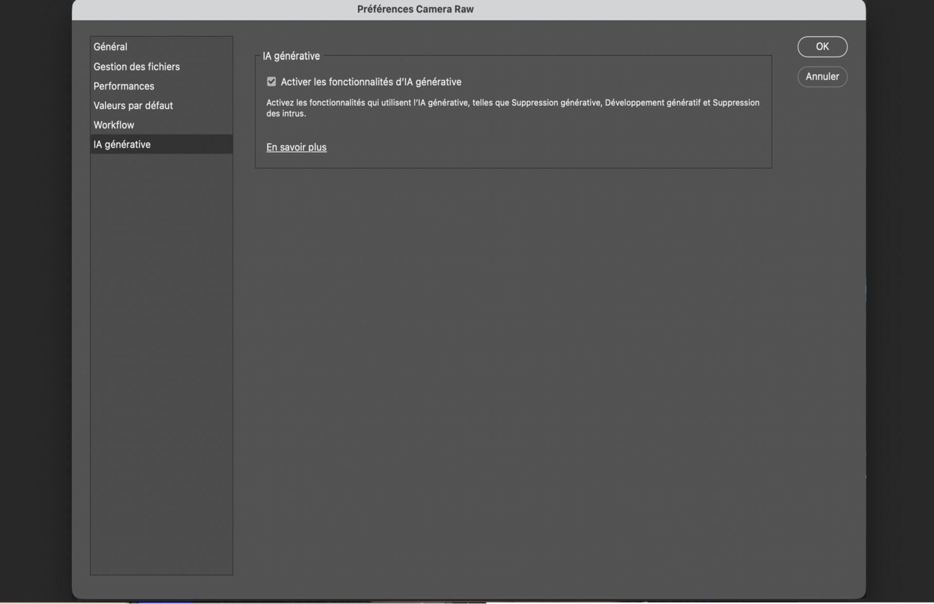 La boîte de dialogue Préférences de Camera Raw avec la section IA générative sélectionnée, affichant l’option Activer les fonctionnalités d’IA générative pour les outils de retouche optimisés par l’IA.