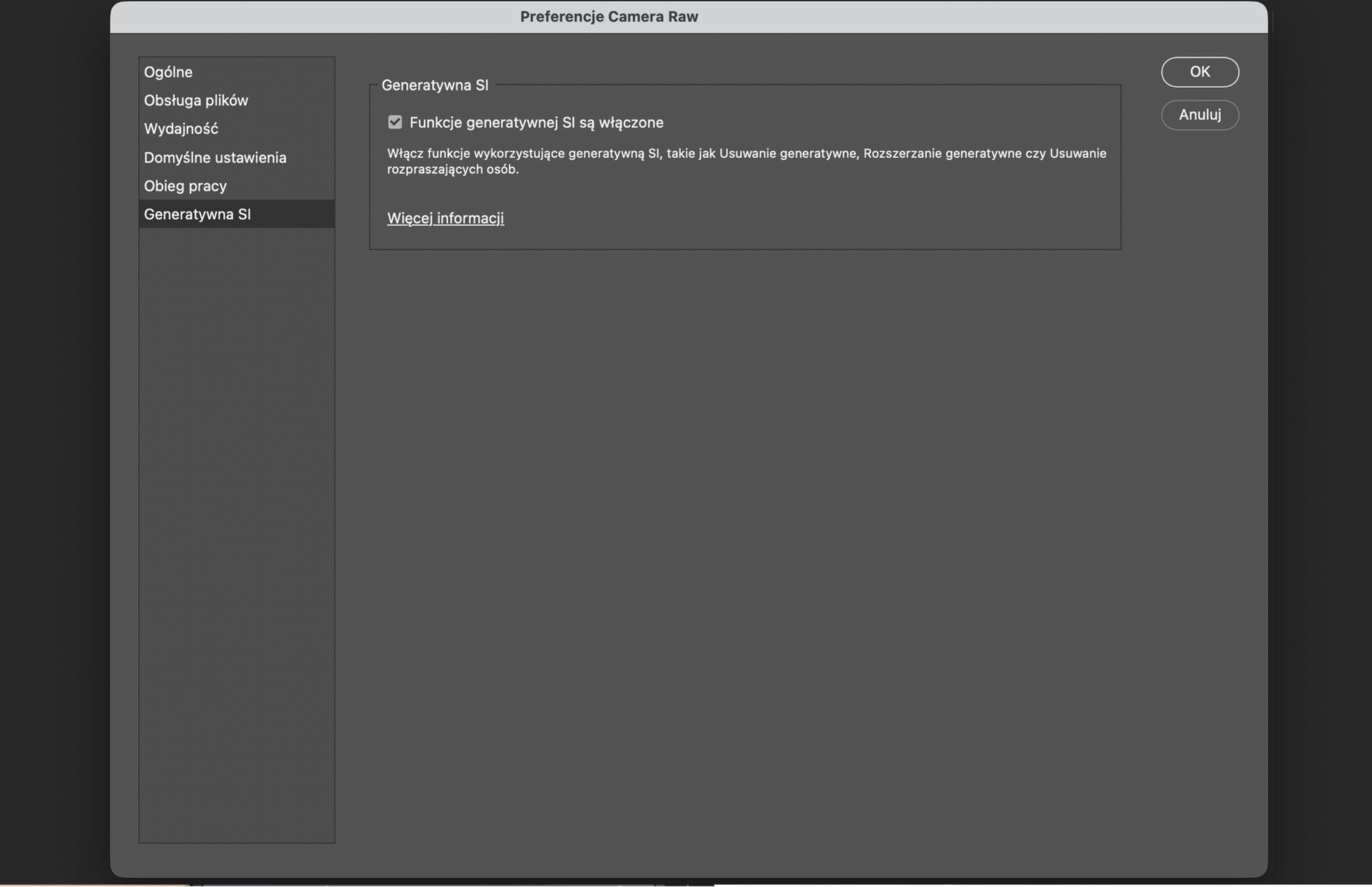Okno dialogowe Preferencje programu Camera Raw z wybraną sekcją Generatywna SI, pokazujące opcję Włącz funkcje generatywnej SI dla narzędzi edycji opartych na SI.
