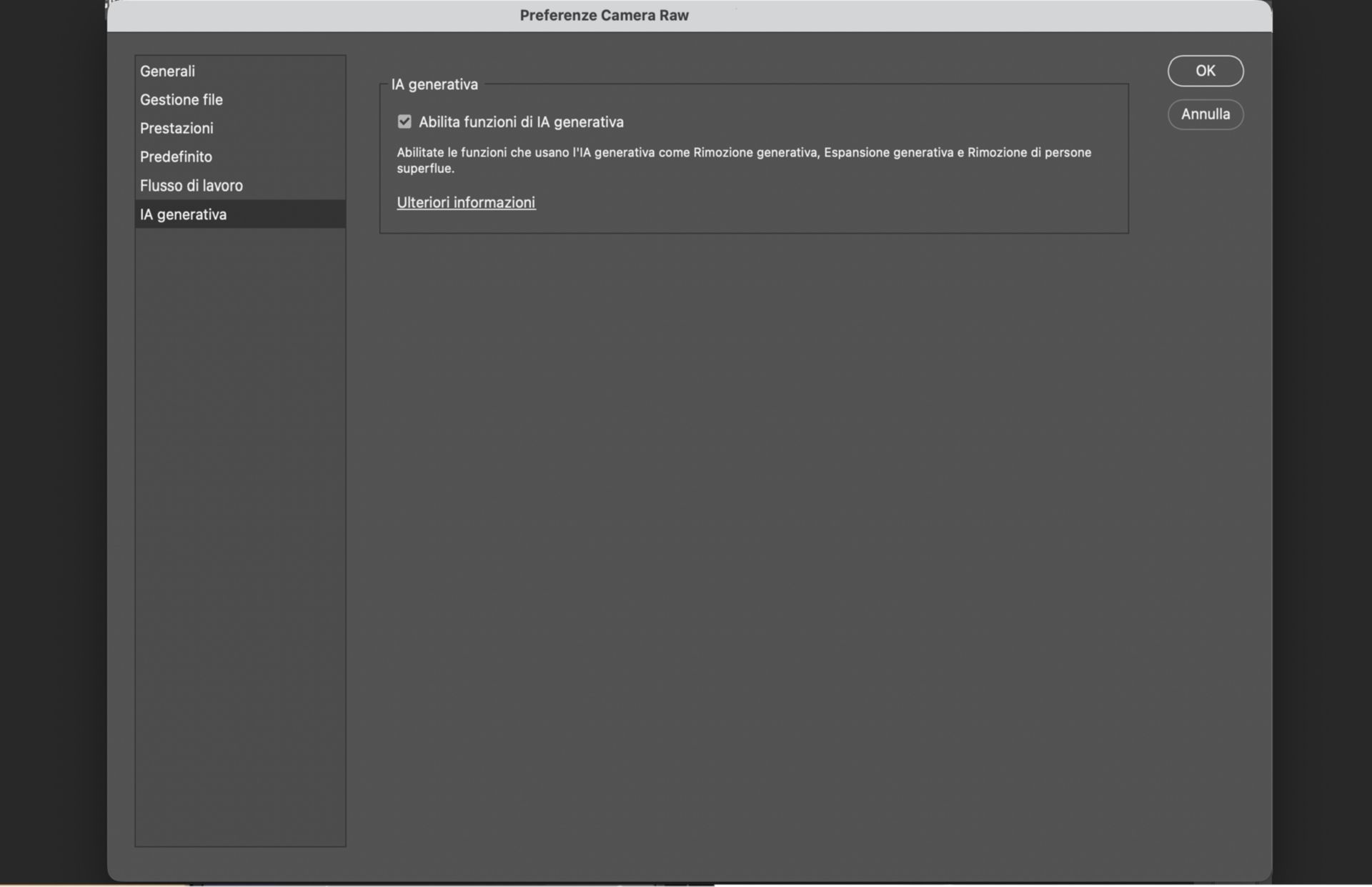 La finestra di dialogo Preferenze di Camera Raw con la sezione IA generativa selezionata, che mostra l'opzione Abilita funzioni IA generativa per gli strumenti di modifica basati sull'IA.