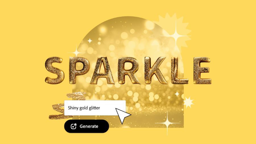 The word "sparkle" in gold, glittery 3-D letters with a half circle design behind it