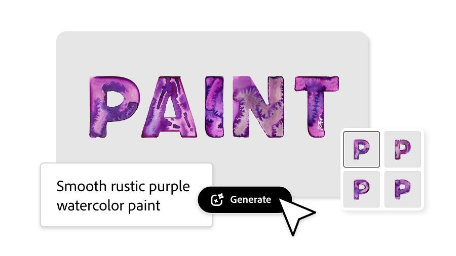 The word "paint" styled in a rustic purple watercolor paint texture made in Adobe Express