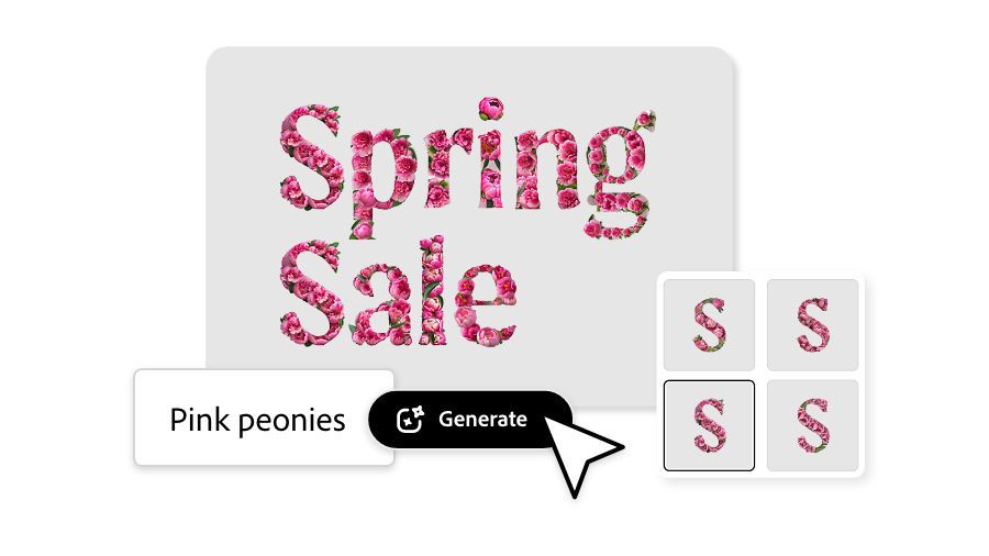 The words "spring sale" being edited to a pink peonies texture in Adobe Express