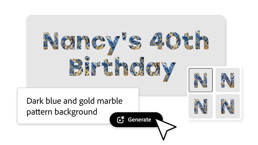 The words "Nancy's 40th Birthday" being edited in a marble pattern in Adobe Express