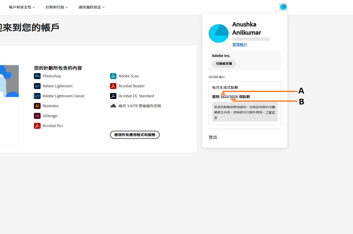 畫面顯示您如何在應用程式內存取生成式點數。