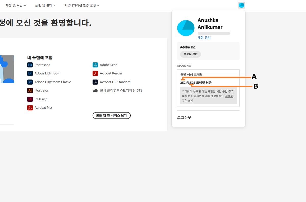 인앱에서 생성 크레딧 수에 액세스하는 방법을 보여주는 화면.