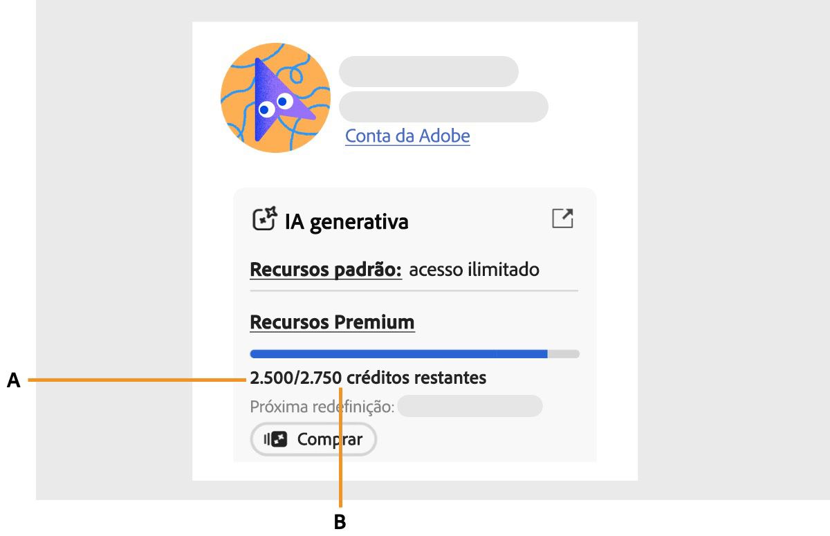 O ícone de perfil na página da conta da Adobe é selecionado, e o painel da conta é aberto. Na seção da conta da Adobe, os créditos generativos mensais são exibidos, mostrando quantos créditos ainda estão disponíveis e quantos foram usados. Também exibe quando os créditos generativos mensais serão redefinidos.