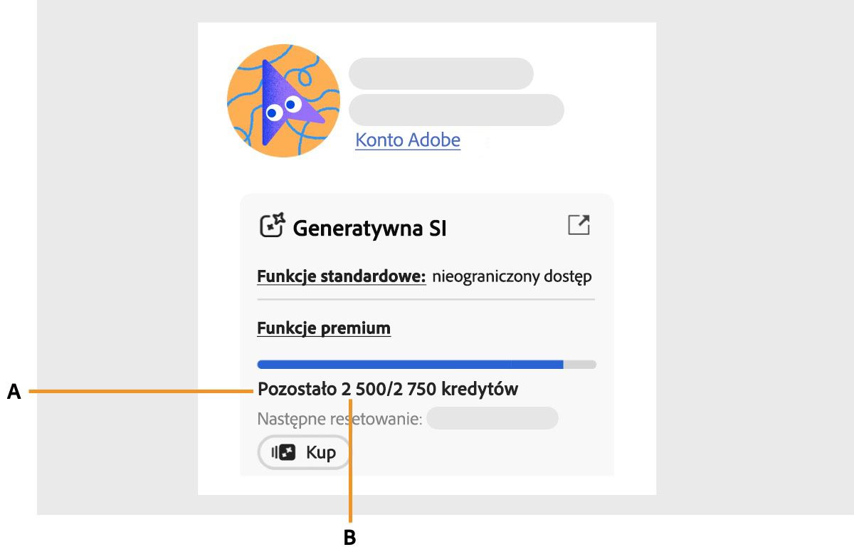 Zostanie zaznaczona ikona profilu na stronie Konto Adobe, a panel konta zostanie otwarty. W sekcji konta Adobe widać dostępne i wykorzystane kredyty generatywne w danym miesiącu. Widać również, kiedy zaczyna się nowy cykl, w którym otrzymasz nową pulę kredytów.